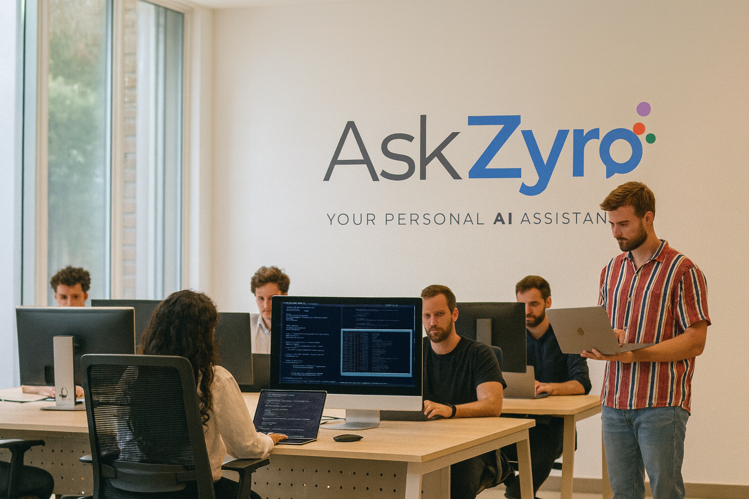 AskZyro team working in modern office with AskZyro logo on wall